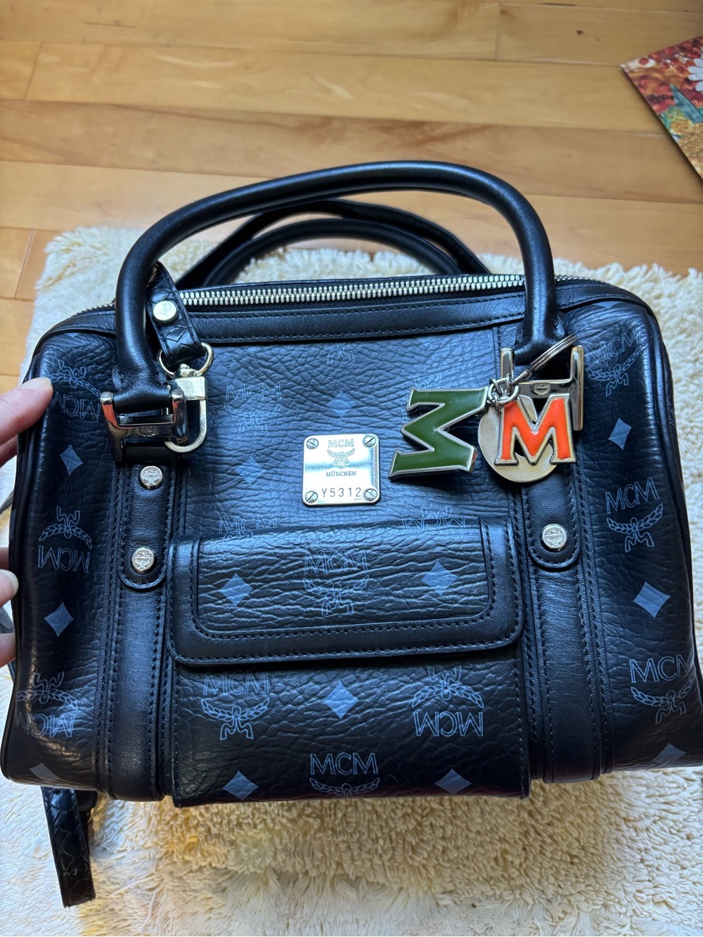 Excellent MCM Black Logo Satchel with Charm